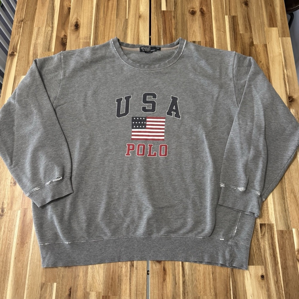 Vintage Polo Ralph Lauren Sweatshirt Mens 2XL Gray USA Flag Crewneck Distressing
